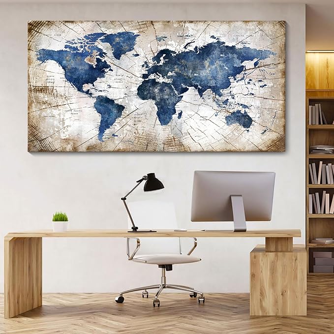 World Map Canvas Wall Art Abstract Navy World Maps for Wall Vintage Modern Wall Art for Office Framed Pictures for Living Room Bedroom Wall Decoration for Home Office Decor Artwork for Walls 29x58IN