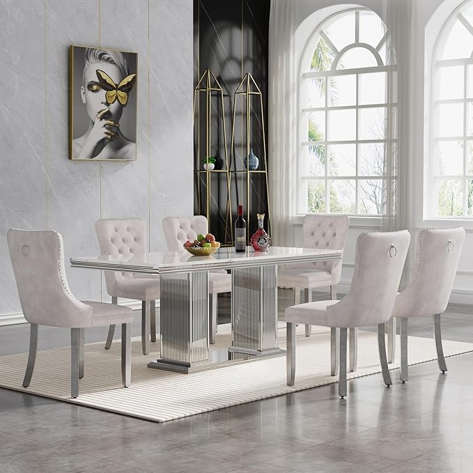 HomVent 68.11'' Rectangle Dining Table Set for 6, Modern Faux Marble Table with Stainless Steel Base (Silver with 6 Beige Chairs, 7 Pieces)