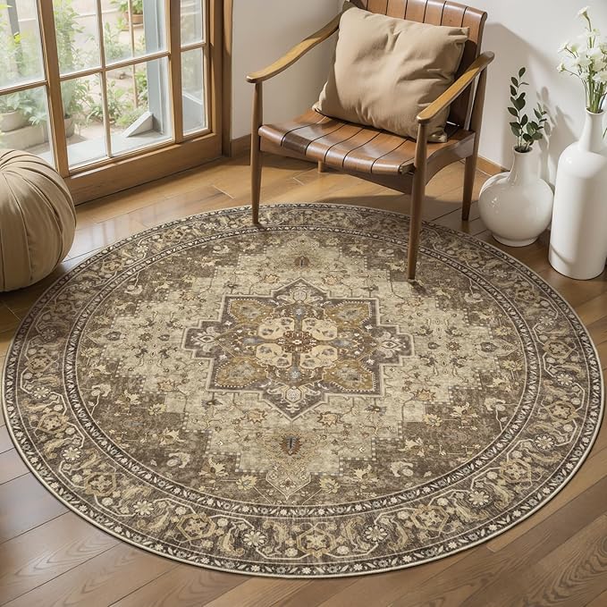 Ciicool Circle Boho Area Rug 4x4ft Round Washable Bedroom Non-Slip Vintage Entryway Throw Low-Pile Indoor Carpet for Living Room Foyer