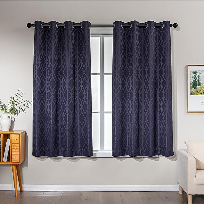 Amazon Basics Jacquard 2-Piece 100% Blackout Curtains, Living Room and Bedroom Drapes, Thermal Insulated Window Treatment, 52"x63", Dark Blue