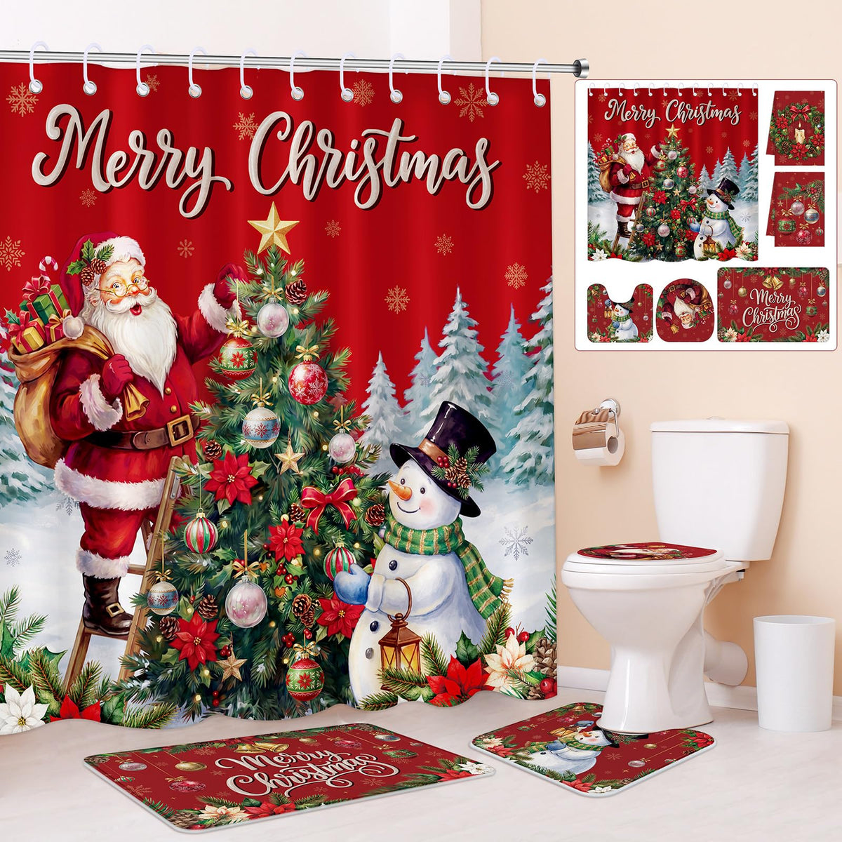 HunnmingRe 6 Pcs Christmas Bathroom Decor Red Santa Shower Curtain Sets