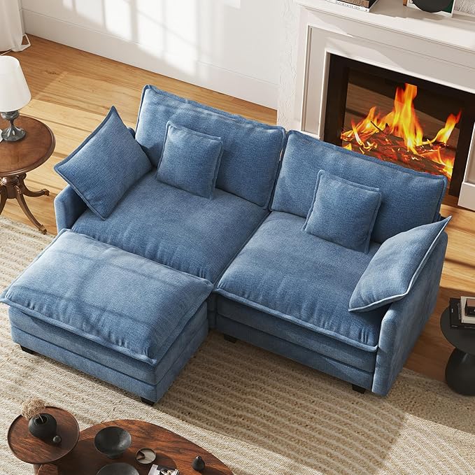 WorthFurni 77 Inch L Shape Cloud Sofa, Modular Sectional Couch with Ottoman, Comfy Chenille Deep Seat Loveseat with Pillow for Living Room Bedroom Apartment (Blue)
