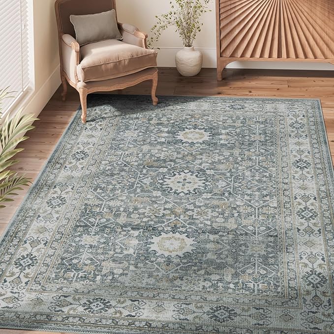 jinchan Area Rug 3x5 Washable Entryway Rug Distressed Gray Multi Vintage Floral Kitchen Print Floor Cover Indoor Doormat Retro Bathroom Living Room Bedroom Office Farmhouse Grey