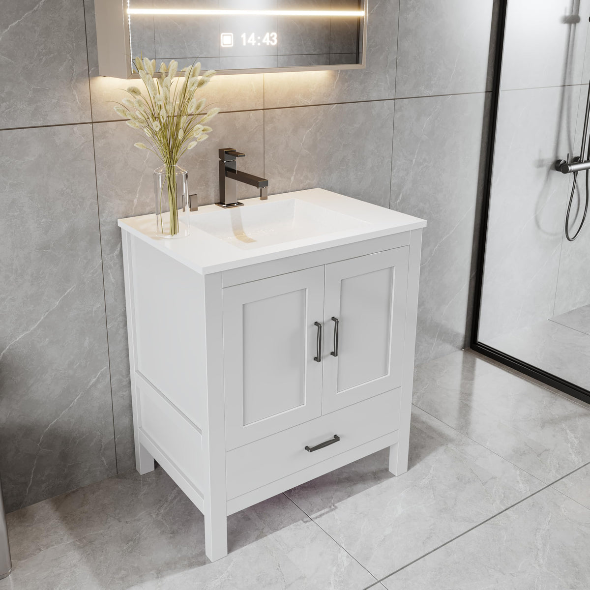 30" Bathroom Vanity Base – White Freestanding Cabinet with Bottom Drawer, Soft-Close Doors, Solid Wood Sink Base Only (No Top, 30" W x 21" D x 34.5" H)