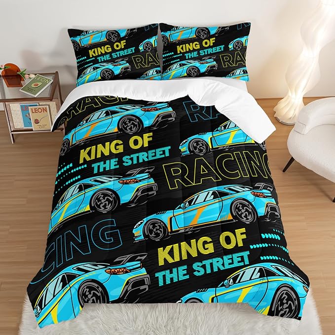 Car Bed for Boys King Comforter Set,Kids Racing Car Comforter Extreme Sports Bedding Set for Teens Boys Race Car Room Decor,Cool Blue Themed Children's Bedding with 2 Pillowcases.