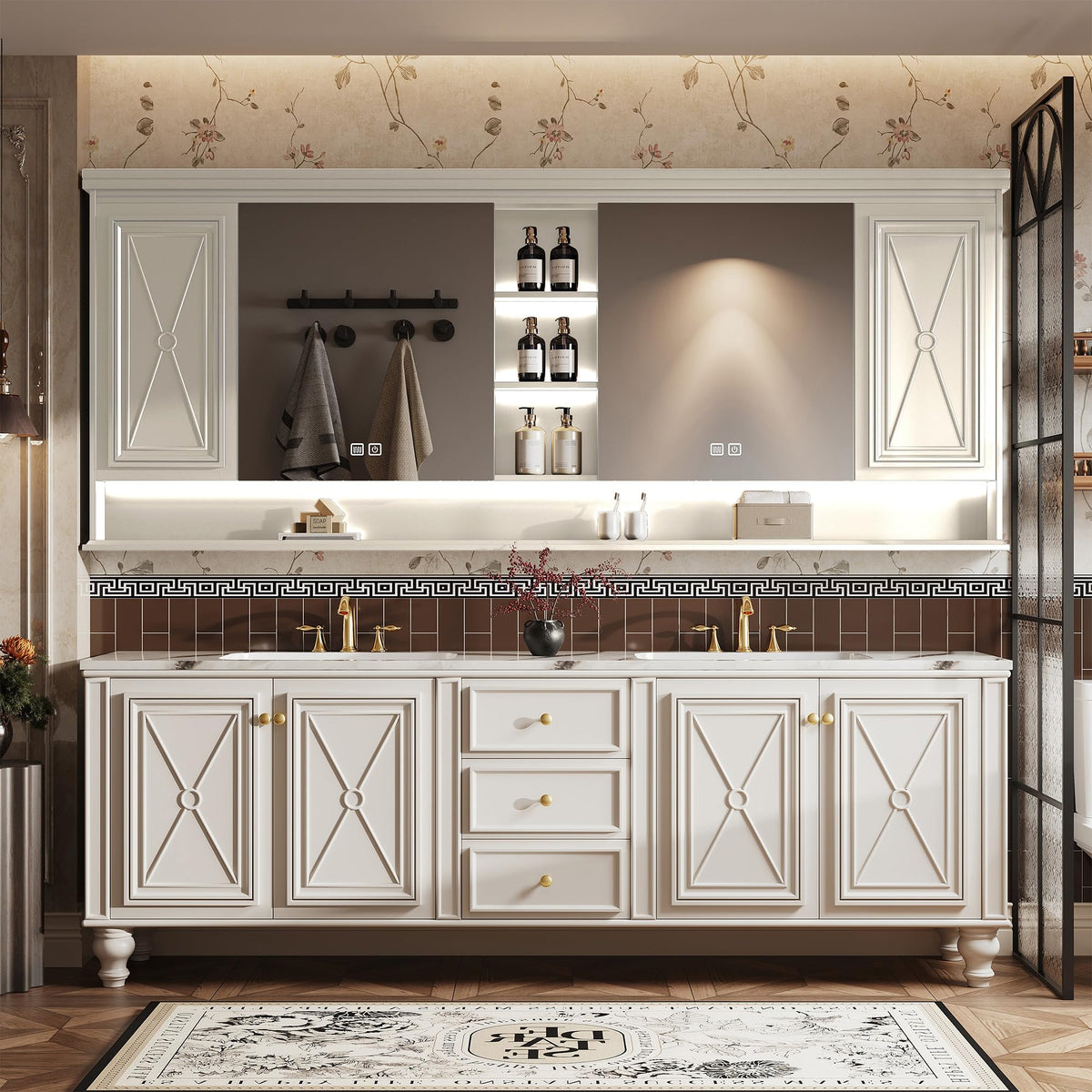 GruiGevi Double Sink Bathroom Vanity, Luxurious Bathroom Vanity with LED Smart Defog Mirror, Solid Freestanding Wood Vanity Sink Cabinet