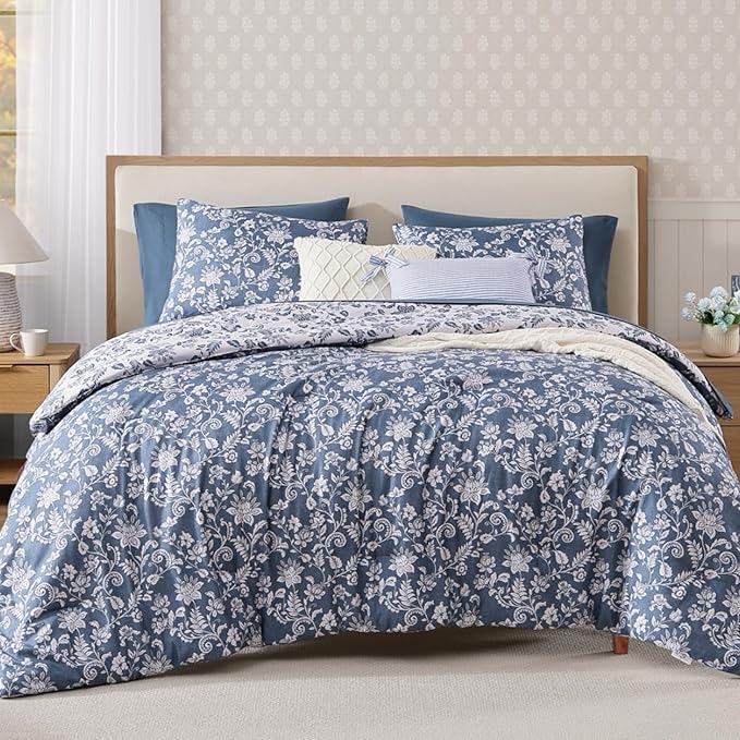 King Comforter Set -7 Pieces Floral Oxford Blue Comforter Set for All Seasons, Bed in a Bag King with Botanical Flowers Comforter, Sheets, Pillowcases & Shams