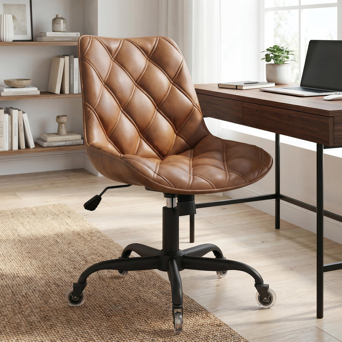 Armless Office Chair, Mid Back Modern Desk Chair with Rubber Wheels, 360 Swivel PU Leather Office Chair No Arms, Adjustable Height Small Computer Chair, Armless Desk Chair for Office, Brown