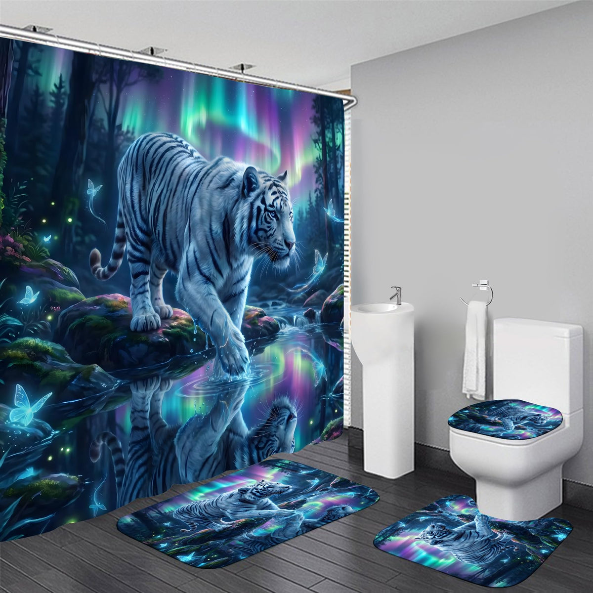 4 Piece White Tiger Shower Curtain Set with Rugs, Fantasy Aurora Borealis Bathroom Decor with 12 Hooks, Waterproof Fabric Bath Curtains, Non-Slip Bath Mat, Toilet Lid Cover