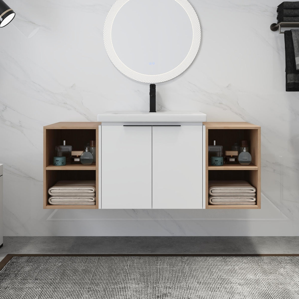 48 inch Wall-Mounted Vanity with Ceramic Sink, Modern Brown Soft-Close Bathroom Cabinet Combo with 2 Side Shelf, Bath Single Sink Floating Storage Vanity Set, White, Plywood(07424+T12)