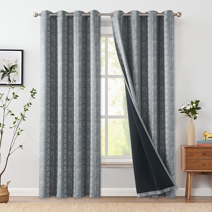 jinchan 95% Blackout Boho Curtains 90 Inches Long for Bedroom White on Grey Geometric Printed Grommet Top Room Darkening Thermal Insulated Window Drapes 2 Panels