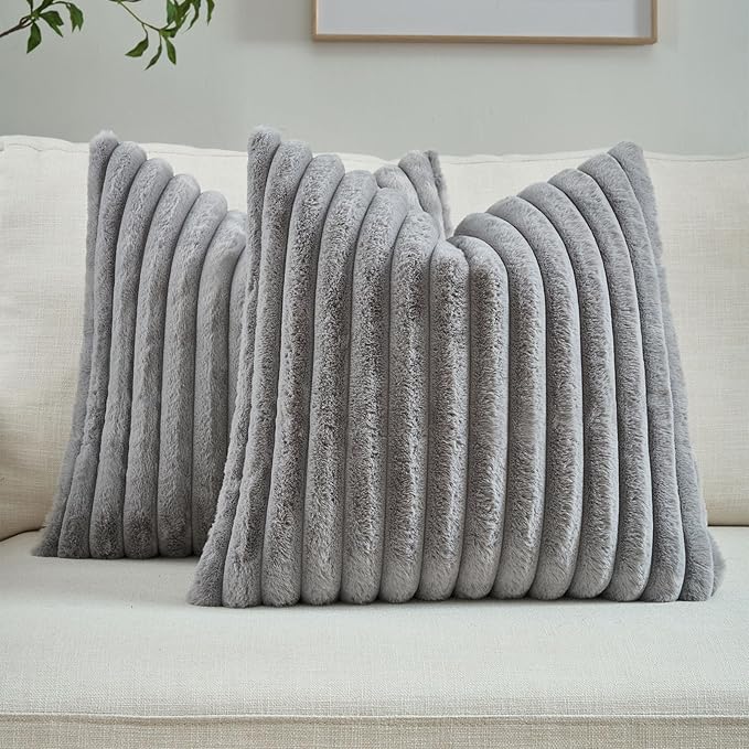 FUTEI Grey Throw Pillow Covers Set of 2, 16x16 Inch Striped Texture Cushion Cases with Soft Faux Rabbit Fur Front & Velvet Back, Modern Decorative Couch Pillows for Living Room