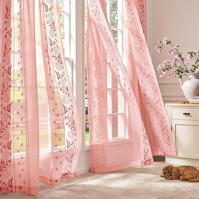 jinchan Winslow Sheer Curtains 96 Inch for Bedroom Living Room Embroidered Bordered Floral Nursery Curtains for Girls Room Light Filtering, 2 Panels, 50W x 96L