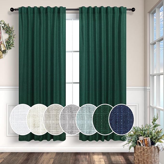 Pitalk Dark Green Curtains 63 Inch Length for Bedroom 2 Panels Back Tab Pocket Lightweight Light Filtering Semi Sheer Linen Hunter Green Curtain for Boys Room Kitchen Olive Forest Decor 52x63
