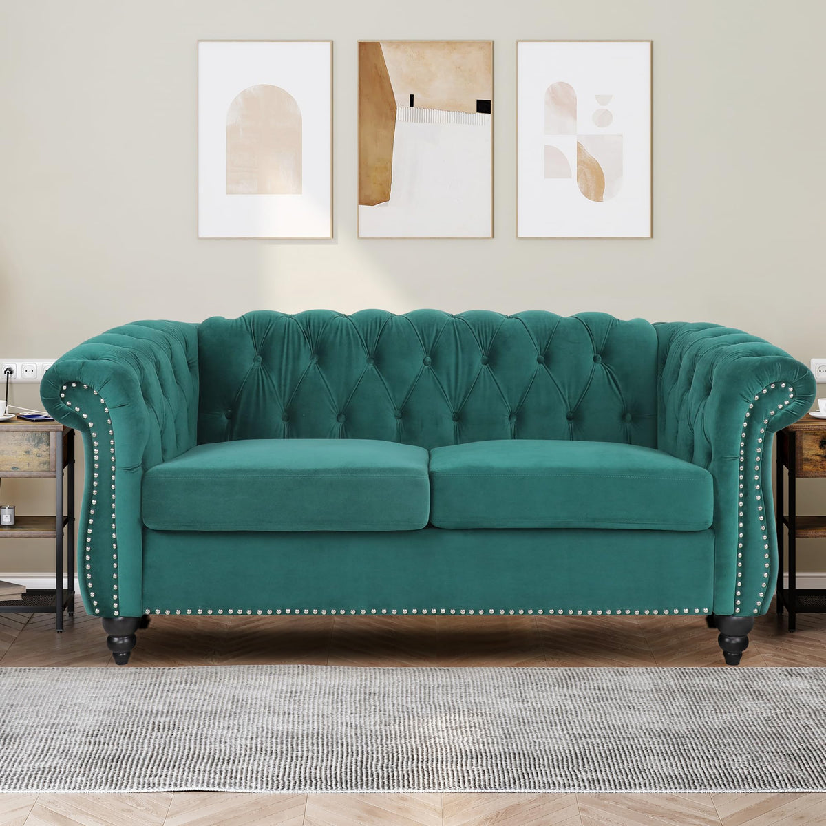Velvet Loveseat, Chesterfield Love Seat Couch, 2 Seater Accent Sofa with Rolled Arms, Mid-Century Modern Love Seats Tufting Nailhead Trim for Living Room, Bedroom, Home Theater (Velvet, Green)