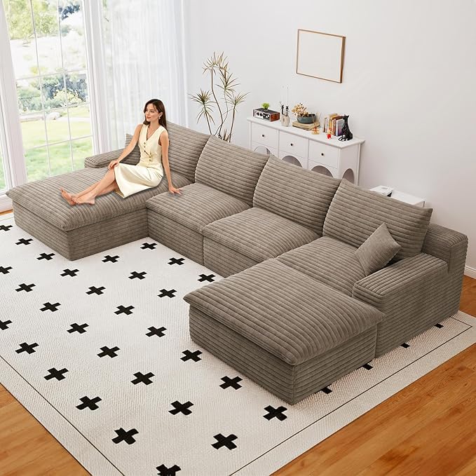 136" Cloud Couch Modular Sectional Sofa for Living Room, U-Shape Boneless Couch with Deep Seat, Modern Corduroy 4-Seater with Ottoman, No Assembly Required (Camel,Left-Facing Chaise)