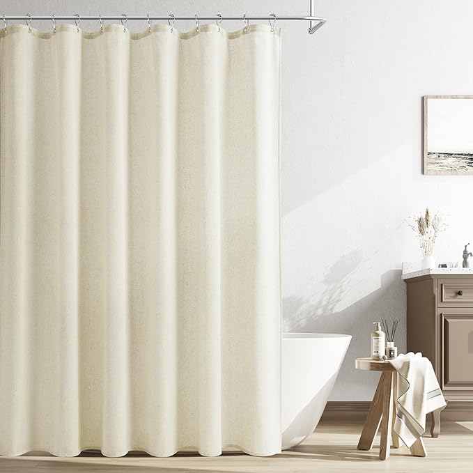 Naturoom Ivory Linen Shower Curtain, Cloth Textured Fabric Shower Curtain Set with Hooks, Simple Elegant Modern Farmhouse Country Ultra Thick Bath Curtains for Bathroom,Water Repellent,72x96