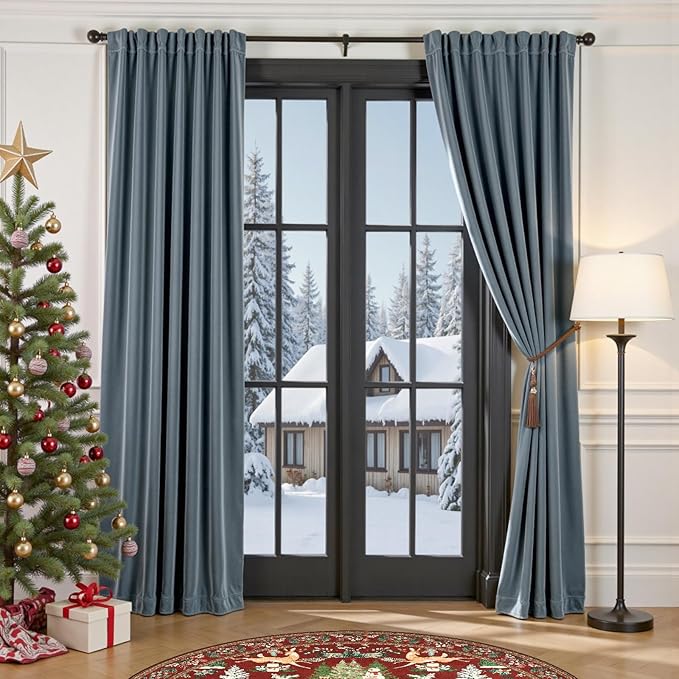 Lazzzy Blackout Velvet Blue Curtains 96 Inches Long Thermal Insulated Room Darkening Lined Curtain Drapes Luxury Back Tab Window Treatments for Bedroom Living Room 2 Panels, 52 x 96 Inch, Aegean Blue