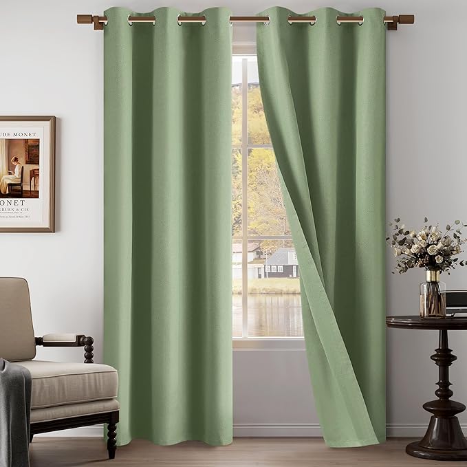 100% Blackout Linen Textured Curtains 84 Inch Length 2 Panels Set for Living Room, Bedroom, Light Weight Curtains with Grommets Top, Full Blackout Curtains Privacy Protection, Green, 37" W x 84" L