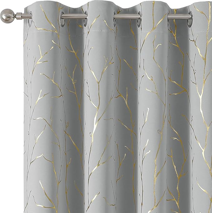 BUHUA Blackout Curtains 72 Inches Long, Gold Foil Print Pattern Room Darkening Curtain, Living Room Curtains & Drapes, Thermal Insulated Window Panel Set, 52 x 72 Inch, Silver