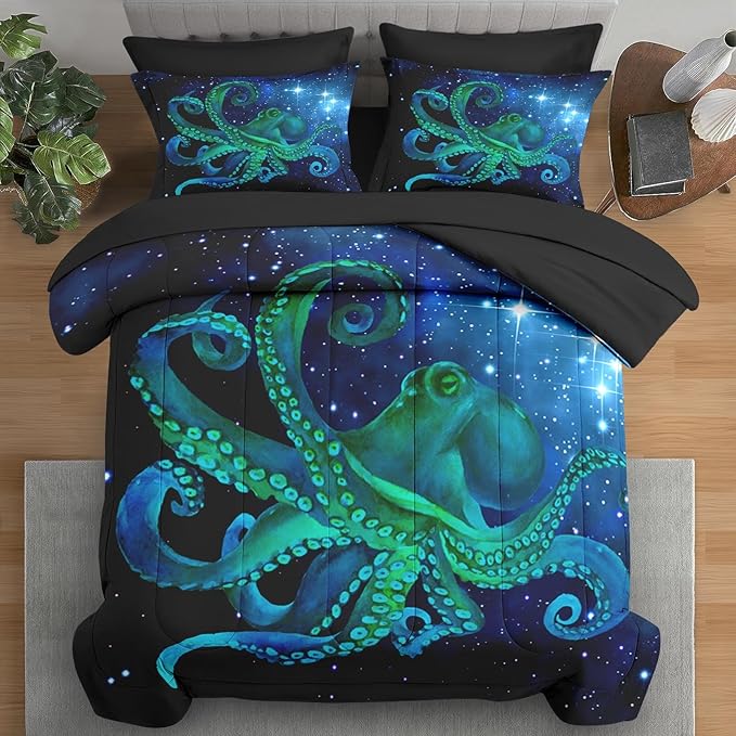 Comforter Set Queen Size, Blue Octopus Sea 7 Pcs Bedding for Kids and Adults, Space Colorful Star Bed Sheet Sets with Fitted Sheet 2 Pillowcases & 2 Shams for Bedroom Bed Decor