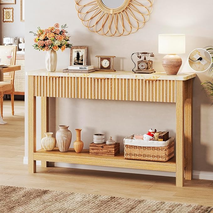 47.2" Fluted Console Table with 3 Drawers, Long Sofa Table with Storage Behind Couch, Modern Entryway Table with Power Outlet & Open Storage for Entrance/Hallway/Foyer/Living Room, Oak