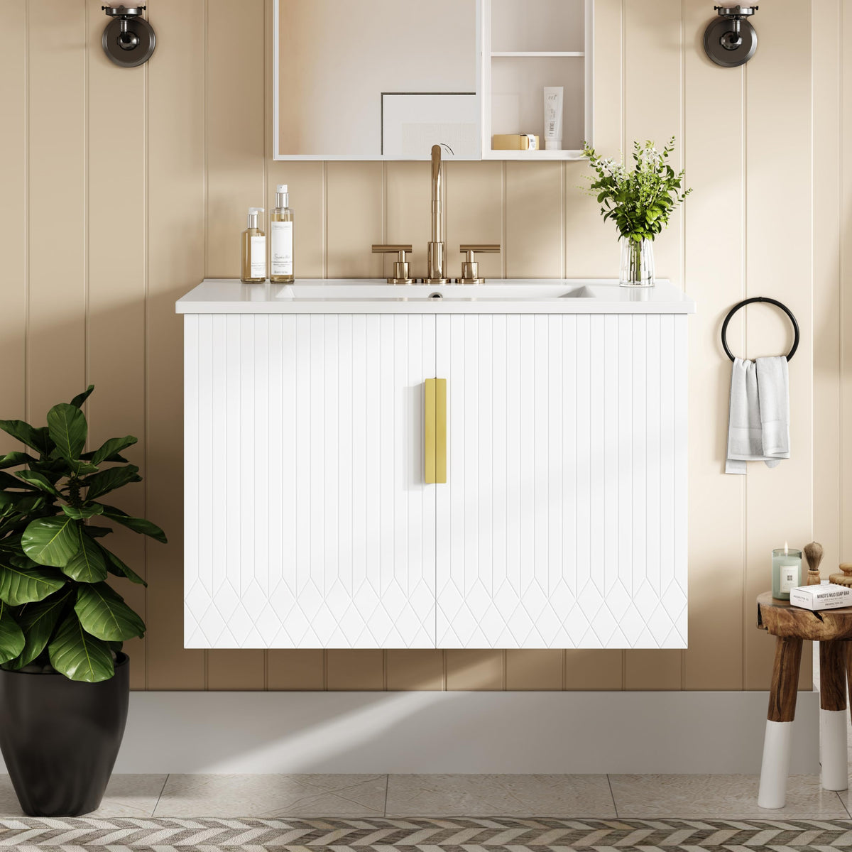 LUMISOL 30" Modern Floating Bathroom Vanity with Basin Sink, Wood Wall-Mounted Bathroom Storage Cabinet with Ceramic Sink, 2 Soft-Close Doors & Adjustable Shelf, White