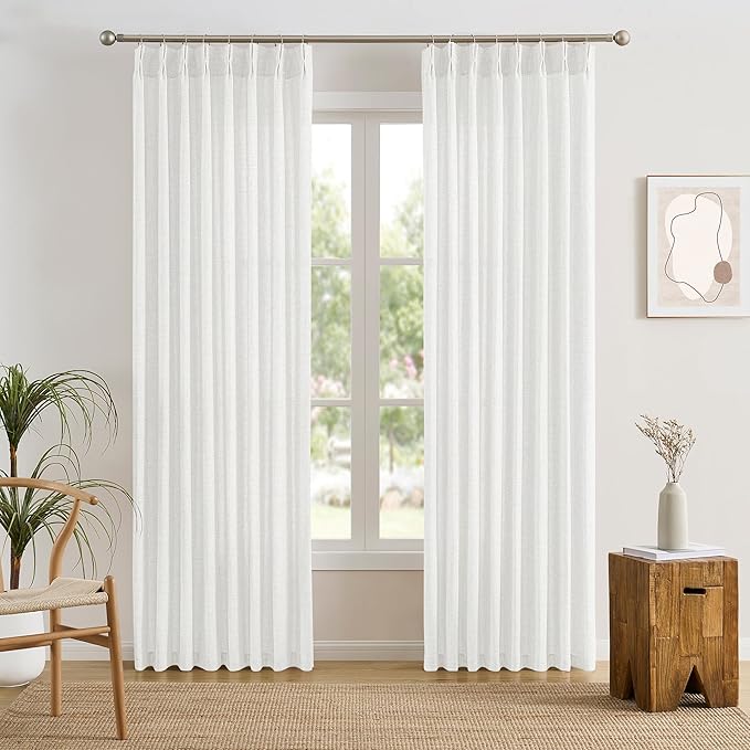 RAIN CITY Linen Pinch Pleated White Sheer Curtains 94 Inches Long 2 Panels Set, Light Filtering Window Drapes for Bedroom Living Room 50 Each Wide