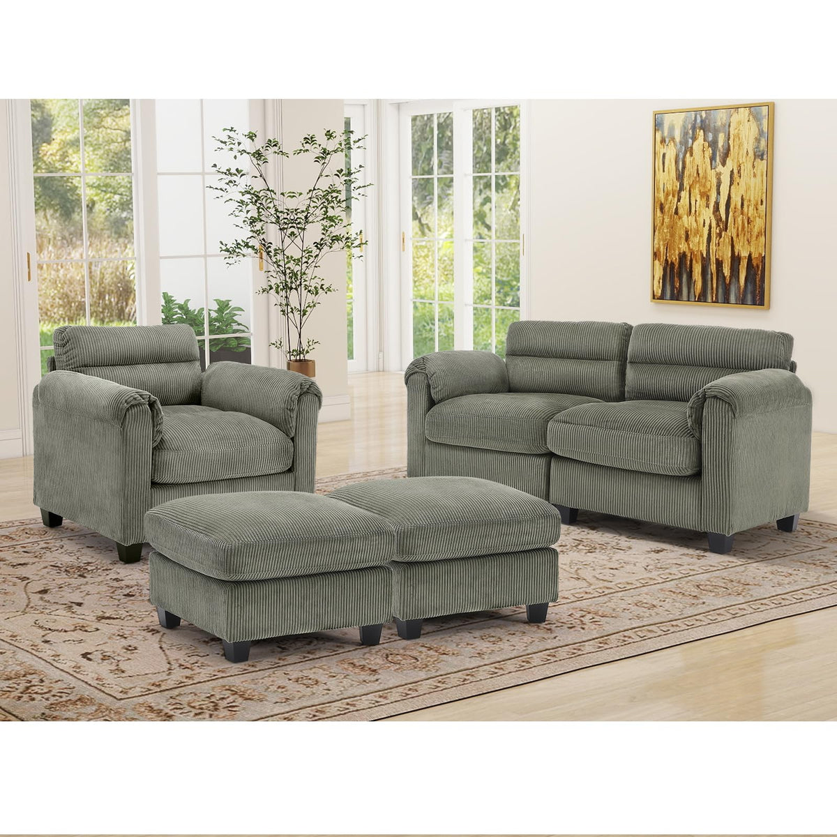 HAOMARKETS Corduroy 4-Piece Sofa Set, Upholstered Ottoman Set of 2, Accent Chair and Loveseat 2-Seater Sofa Couches with Plush Cushions and Rolled Arms, Modern Living Room Furniture Sets, Green