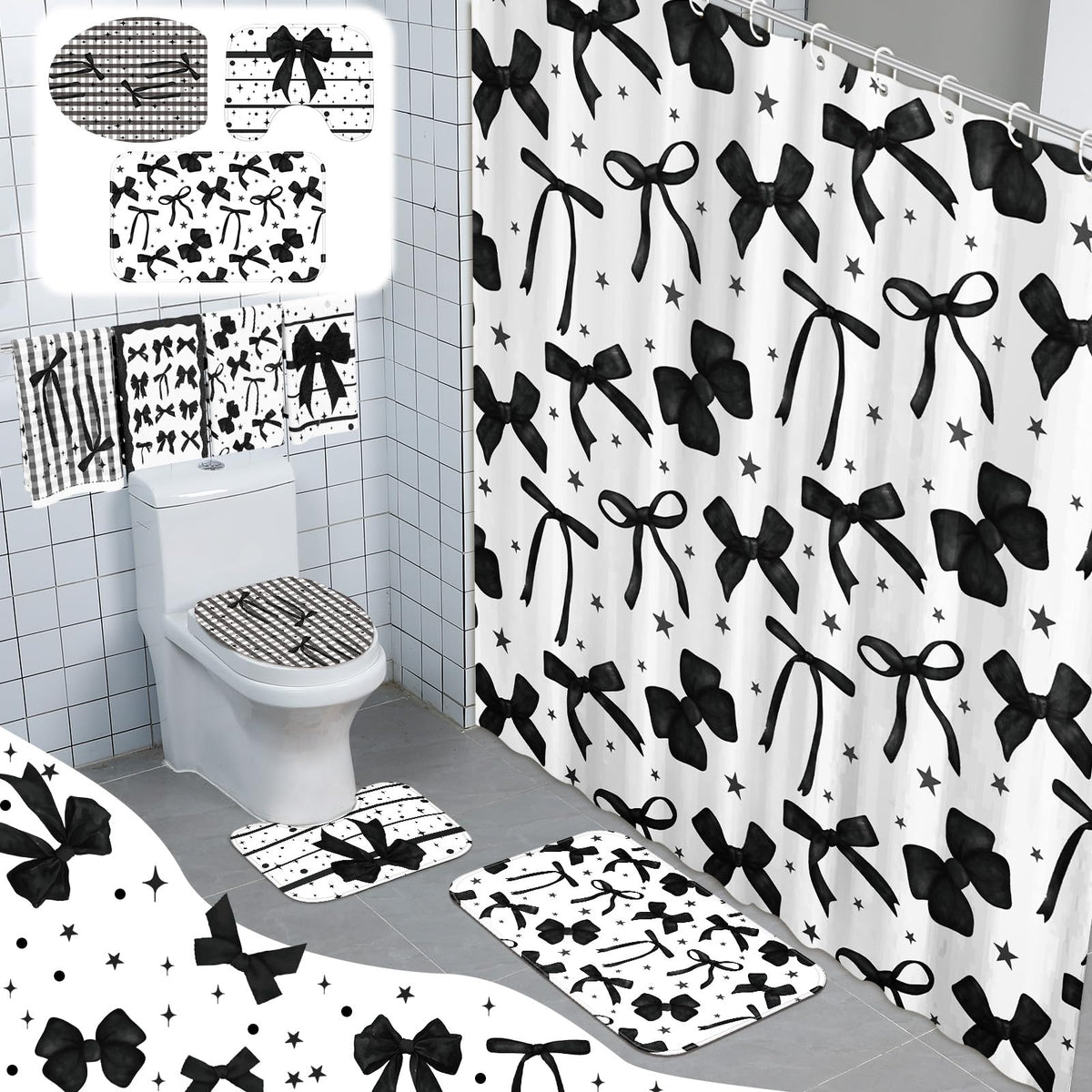 FuWeave 8 Pcs Black Shower Curtain Set Aesthetic Bow Knot Bathroom Decor Pretty Coquette Waterproof Shower Curtain Modern Minimalist Towels Non Slip Rug Toilet Lid Cover Bath Mat with 12 Hooks