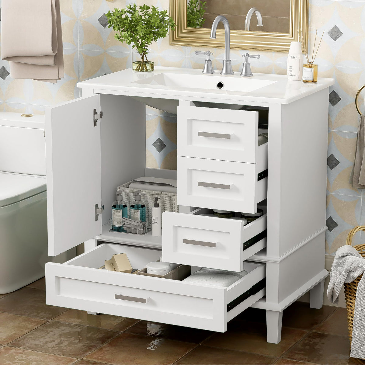 Virubi 30" Bathroom Vanity with Sink Combo Set, Soft Closing Door, Modern Solid Wood and MDF Single Bathroom Cabinet with Storage, 3 Drawers, Freestanding