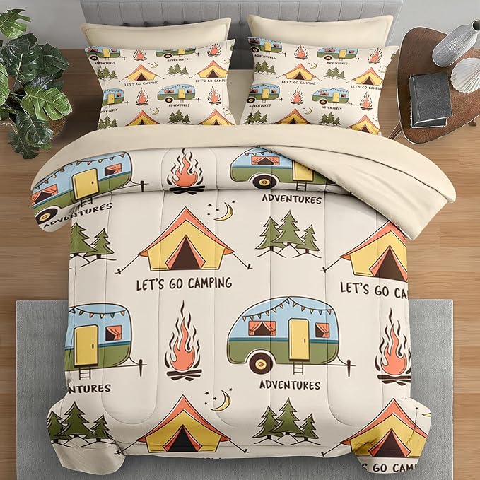 Comforter Set Queen Size, Summer Camp Camper 7 Pcs Bedding for Kids and Adults, Camping Adventure Bed Sheet Sets with Fitted Sheet 2 Pillowcases & 2 Shams for Bedroom Bed Decor