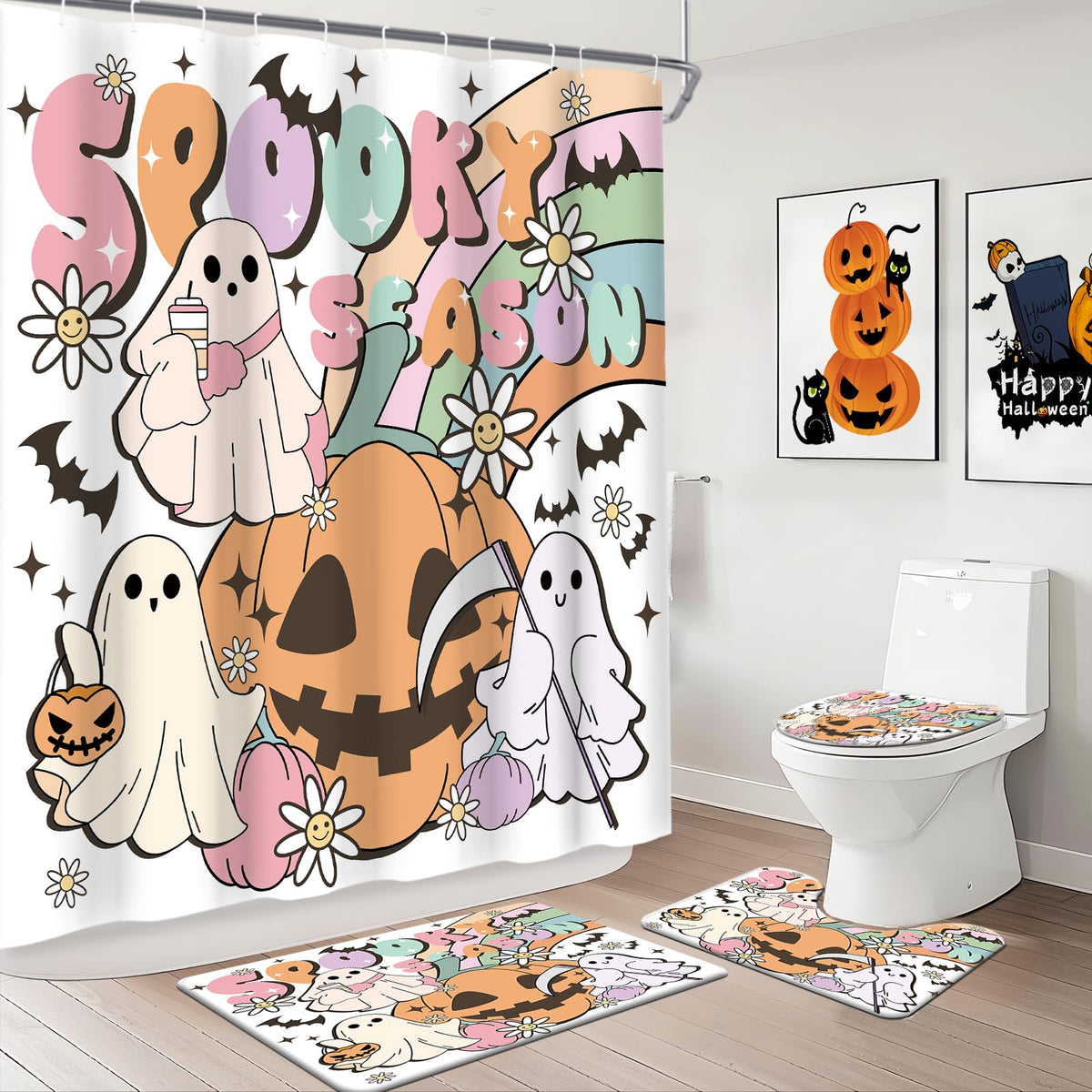 MEHOFOND Halloween Shower Curtain Sets 4 Pcs Spookyween Bathroom Set