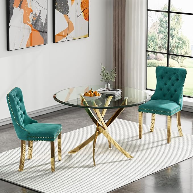 HomVent Round Glass Dining Table Set for 2, Modern Tempered Glass Kitchen Table Set and Chairs, Round Glass Dining Room Table Set for Kitchen (Gold, 36 inch Gold Table with 2 Green Chairs)
