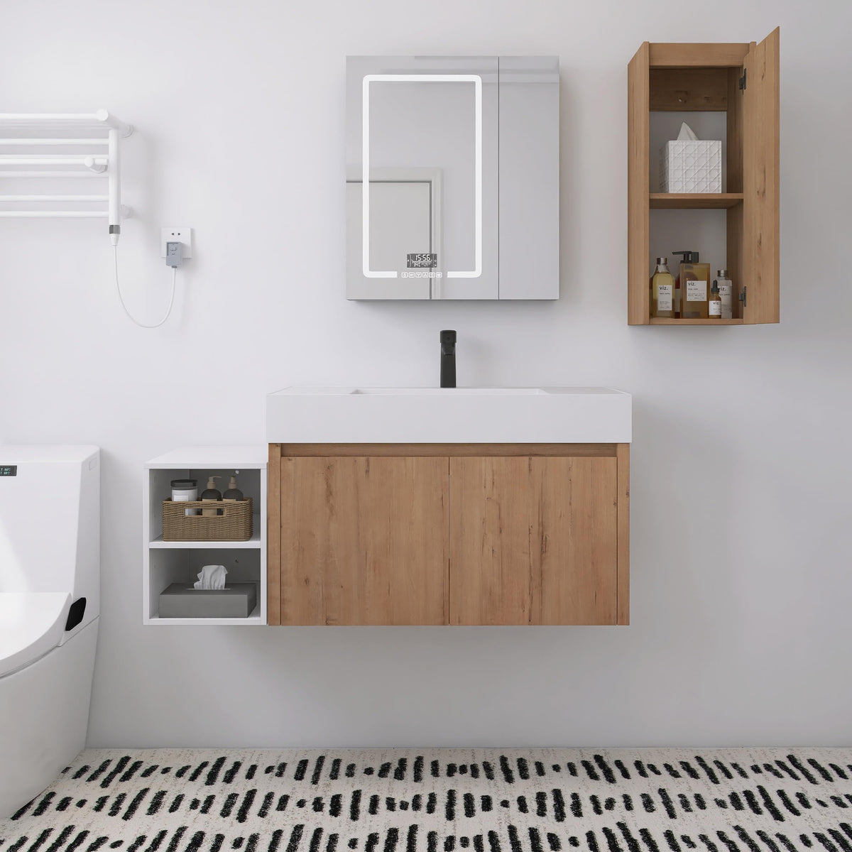 GLORAFIN 48 Inch Floating Bathroom Vanity,48" Bathroom Vanity with Sink,Modern Single Sink Bathroom Vanity Combo,Brown Wall Mounted Cabinet Set with Open Storage Shelf & 1 Side Cabinet