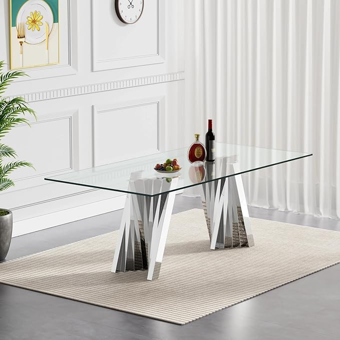Goujxcy 70" Modern Glass Dining Table for 6-8, Luxury Silver Glass Dining Room Table with Mirrored Flash-Shape Stainless Steel Base, Rectangle Kitchen Dinner Tables for Dining Room Kitchen