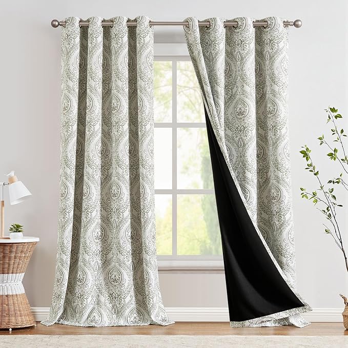 jinchan Blackout Curtains 96 Inches Long Sage Green Damask Medallion Window Curtains for Bedroom Grommet Thermal Insulated Drapes for Living Room Vintage Luxury Window Treatments Set 2 Panels
