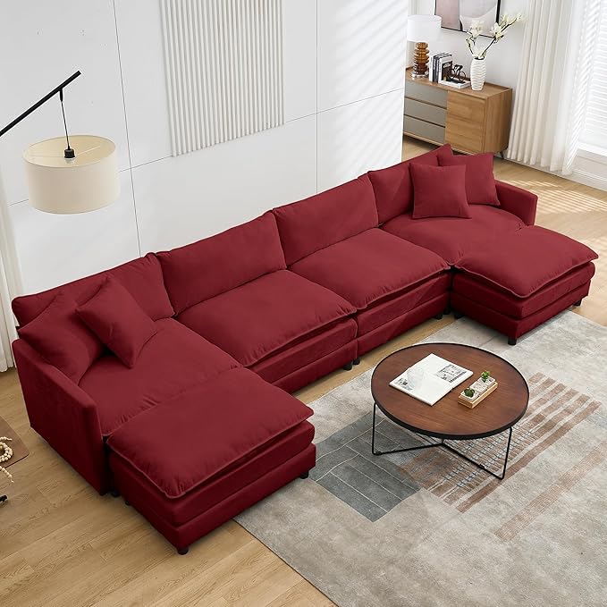 Modular Sectional Sofa,143.31'' Modern Sofa Sleeper Couch,Comfy Cloud Couches with 4 Seat & 2 Ottoman & 4 Pillows Sofa Set,Deep Seat Sofa with Movable Ottoman for Living Room,Chenille (Red, U Shaped)