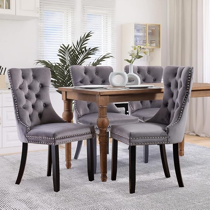 SoarFlash Velvet Dining Chairs Set of 4, Tall Back Side Chair, Modern Upholstered High-end Tufted Side Chair with Button Back Ring, Solid Wood Legs (Gray)