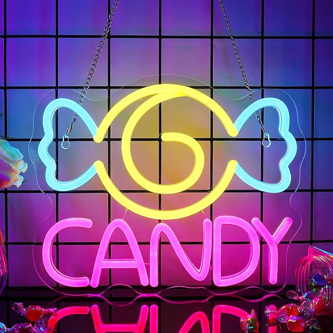Neon Sign for Wall Decor, Lights for Workshop, Business Signs - Suitable for Man Cave Bar Pub Restaurant - 5V Power Adapter with Hanging Chain Hooks (CANDY)