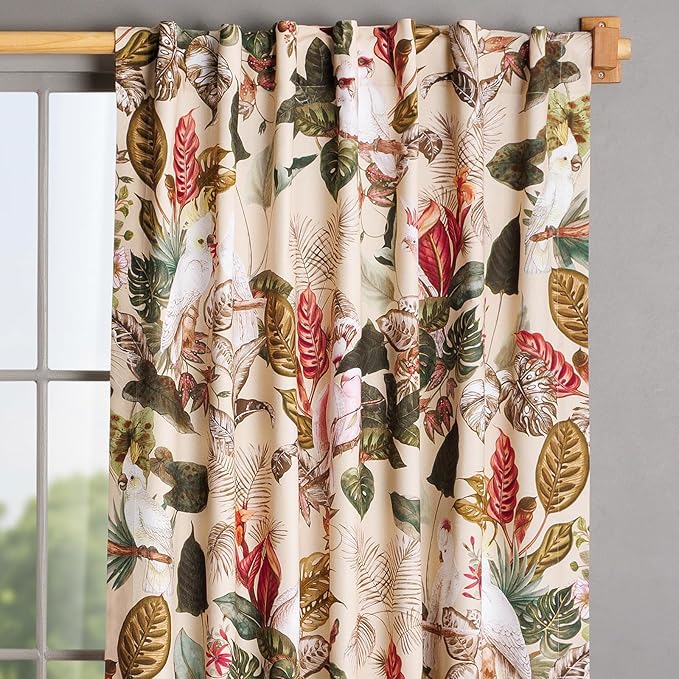 Maison d'Hermine Curtains for Living Room 100% Cotton 124 inch Length One Panel Light Filtering Curtains for Bedroom Windows with Rod and Loop Pockets Drapes (Cacatoes - Beige, 50" W x 124" L)