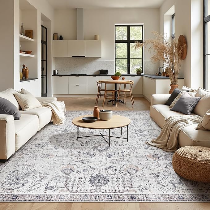 jinchan Area Rug 9x12 Washable Living Room Rug Vintage Indoor Large Floor Cover Retro Accent Mat Distressed Gray Floral Country Boho Non Slip Thin Carpet for Bedroom Kitchen Dining Room Office Grey