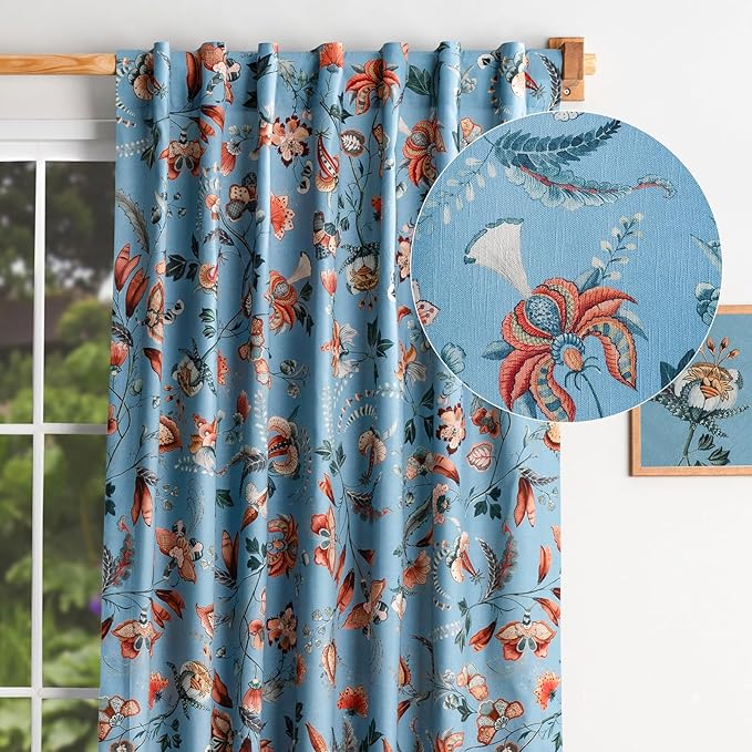 Maison d' Hermine Curtains for Living Room 100% Cotton 96 inch Length One Panel Light Filtering Curtains for Bedroom Windows with Rod and Loop Pockets Drapes (Dalida Blue, 50" W x 96" L)
