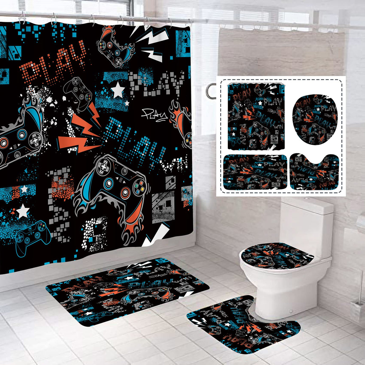 NORBEY 4 Pcs Play Game Shower Curtain Set, Classic Videogames Controller Bath Curtain with Anti-Slip Mat Toilet Cover Carpet Set and 12 Hooks, Black Comic Style Bathroom Decor Set 72 x 72 Inch