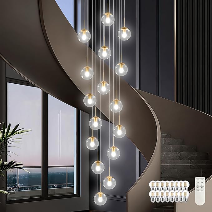 KoKo&Yukina 16-Light Gold Mid Century Modern Chandelier for Living Room Staircase Chandelier for Entryway Clear Globe Glass Chandelier High Ceiling Chandeliers Foyer Entryway (Bulb & Remote Incl.)