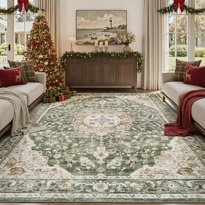 PADOOR-Vintage Area Rug 6X9 Rugs for Living Room-Soft Olive Green Rugs for Bedroom-Machine Washable Rugs Non Slip Carpet-Rug for Dining Room Living Room Bedside Office