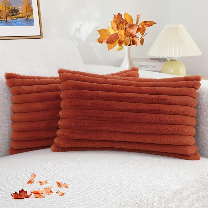 decorUhome Faux Fur Spring Throw Pillow Covers 12x20 Set of 2, Decorative Soft Plush Striped Neutral Couch Euro Pillow Covers with Velvet Back for Sofa, Bed, Living Room Home Decor, Rust