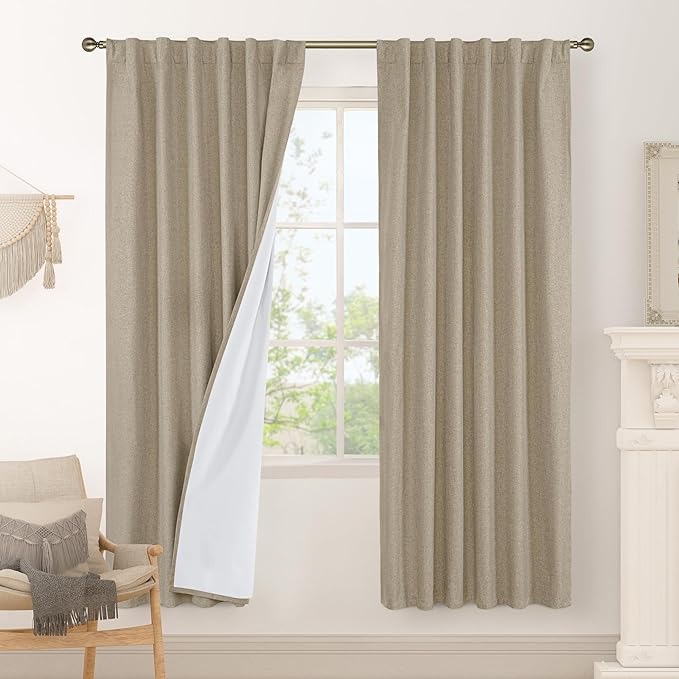 LAMIT 100% Blackout Natural Linen Curtains, 80 Inches Linen Textured Thermal Bedroom Curtains Back Tab and Rod Pocket Neutral Panels with White Liner for Farmhouse, 2 Panels, 52 x 80 Inch, Taupe