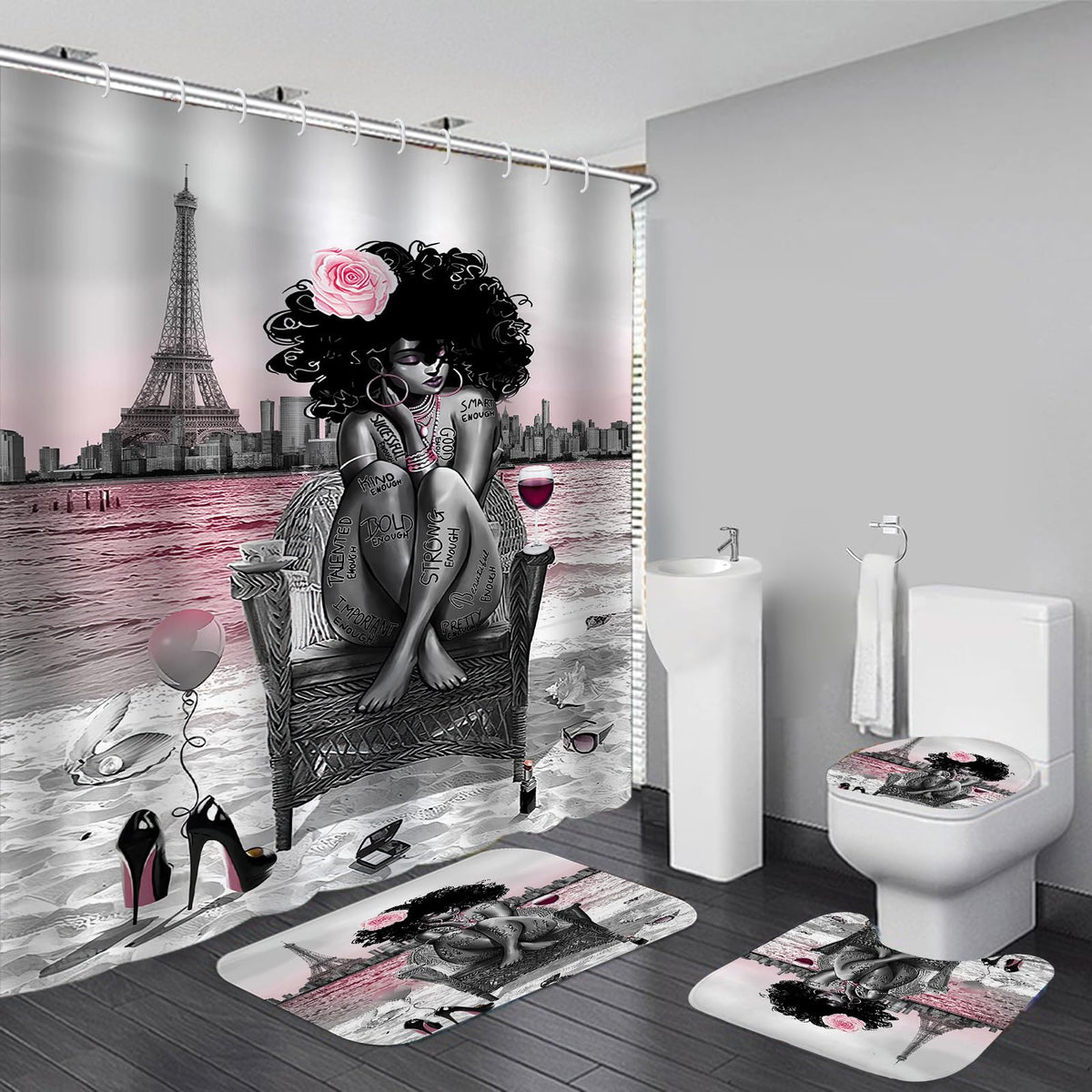 KOKGYM African American Woman Bathroom Shower Curtain Set, Pink Grey