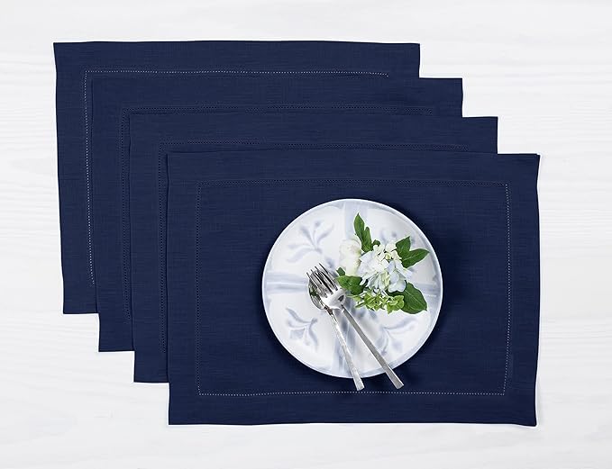 Solino Home Linen Placemats Set of 4 - Classic Hemstitch Navy Blue Placemats 14 x 19 Inch - 100% Pure Linen Table Mats for Christmas, Holiday, Winter, New Year